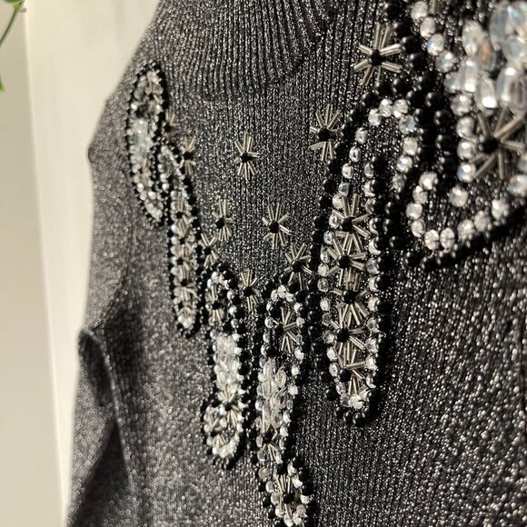 Vintage Size SMALL Beaded Embellished Small-Rib Crystal Sparkly Silver Sweater - Picture 5 of 11